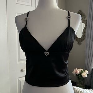 Black satin silk forever 21 v-neck top with diamond hearts.